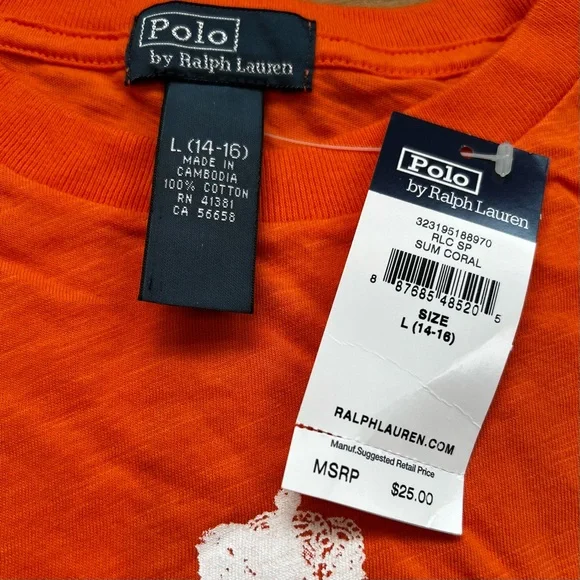 Polo by Ralph Lauren Boys Youth Bright Orange Graphic Tee Size Large 14/16 - Picture 7 of 7